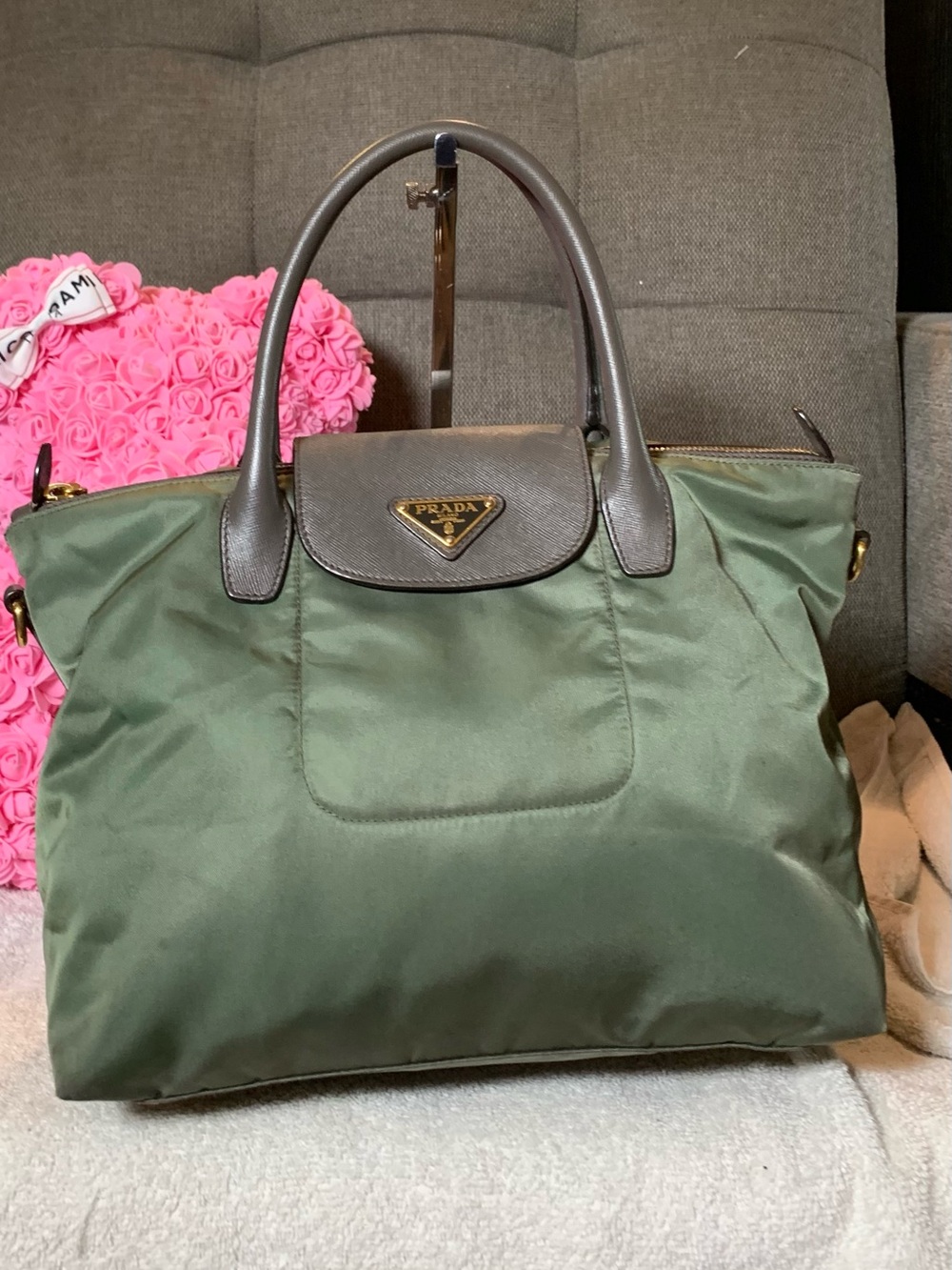 GUC Prada Green Nylon Handbag